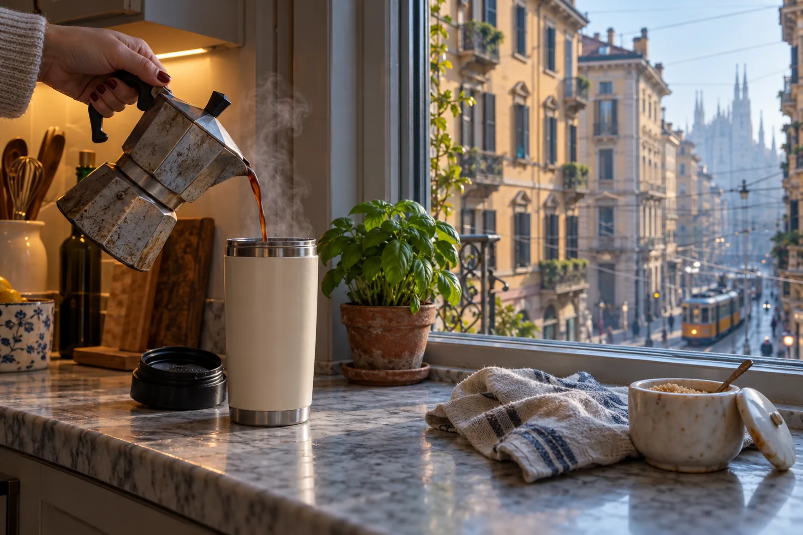 Caffè della moka versato in una tazza da viaggio color panna sul davanzale di una cucina milanese
