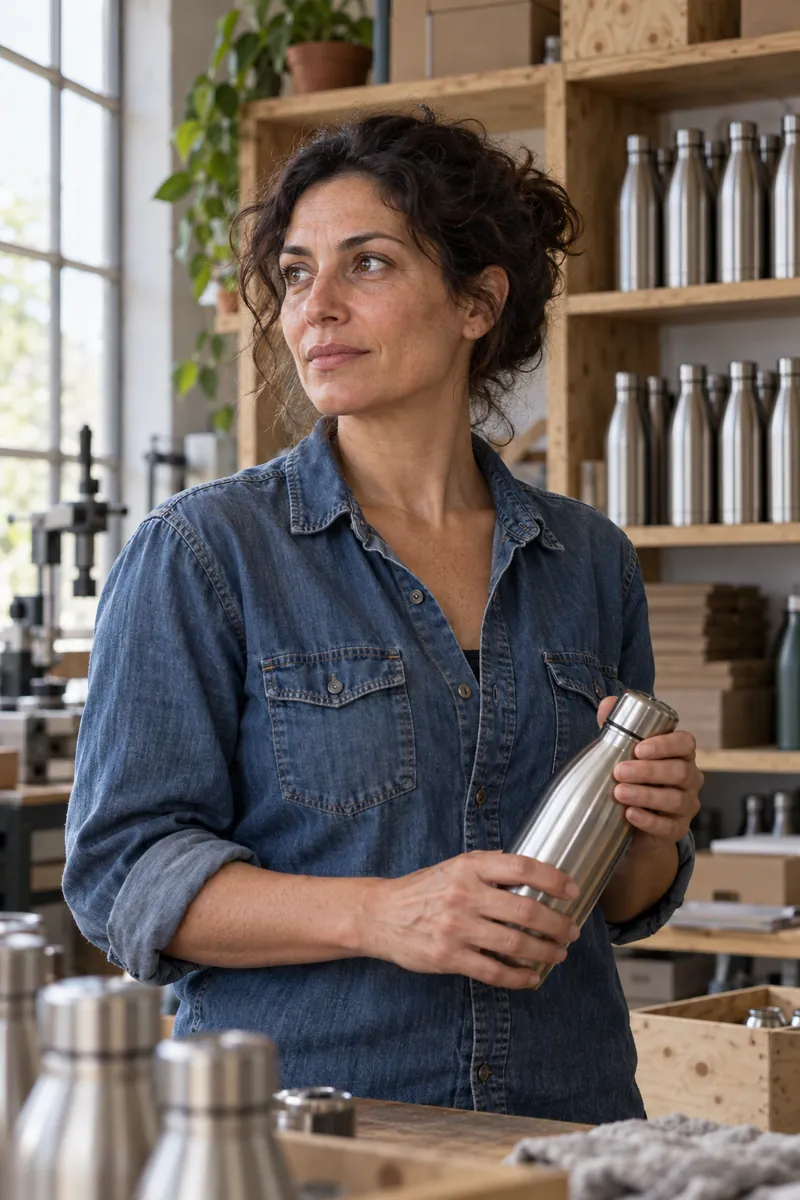 Giulia Ferri in laboratorio con una borraccia in acciaio